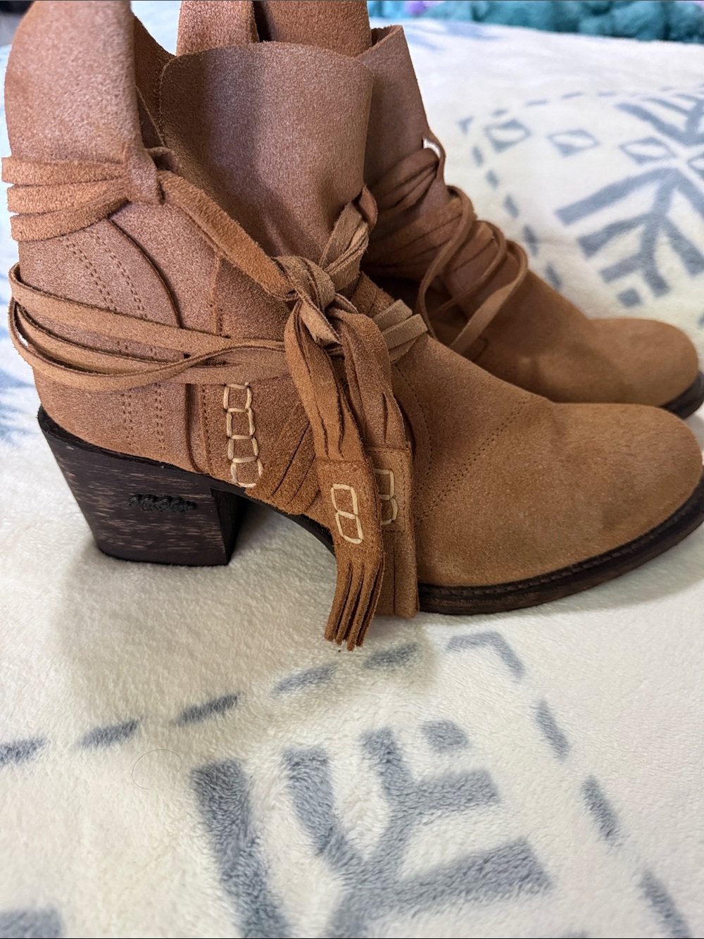 Fringe Wrap Suede Ankle Boots in Tan